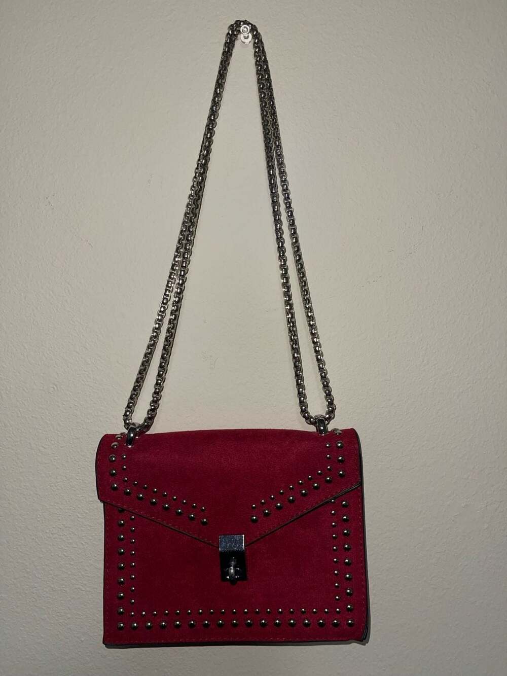 Studded Red Suede Chain Shoulder Bag